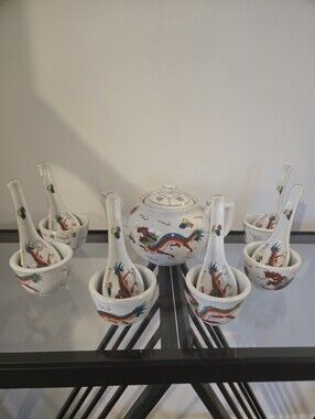 1950's Chinese Red Dragon Teapot with Gold Trim, w/lid, Cups/Bowls, & Spoons